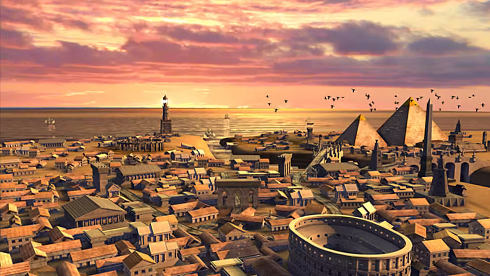 Rendered panorama of a sprawling ancient city under an orange and pink sky: rows of houses, two pyramids, a tall obelisk, an arena and a lighthouse on the shore, with birds over the water.