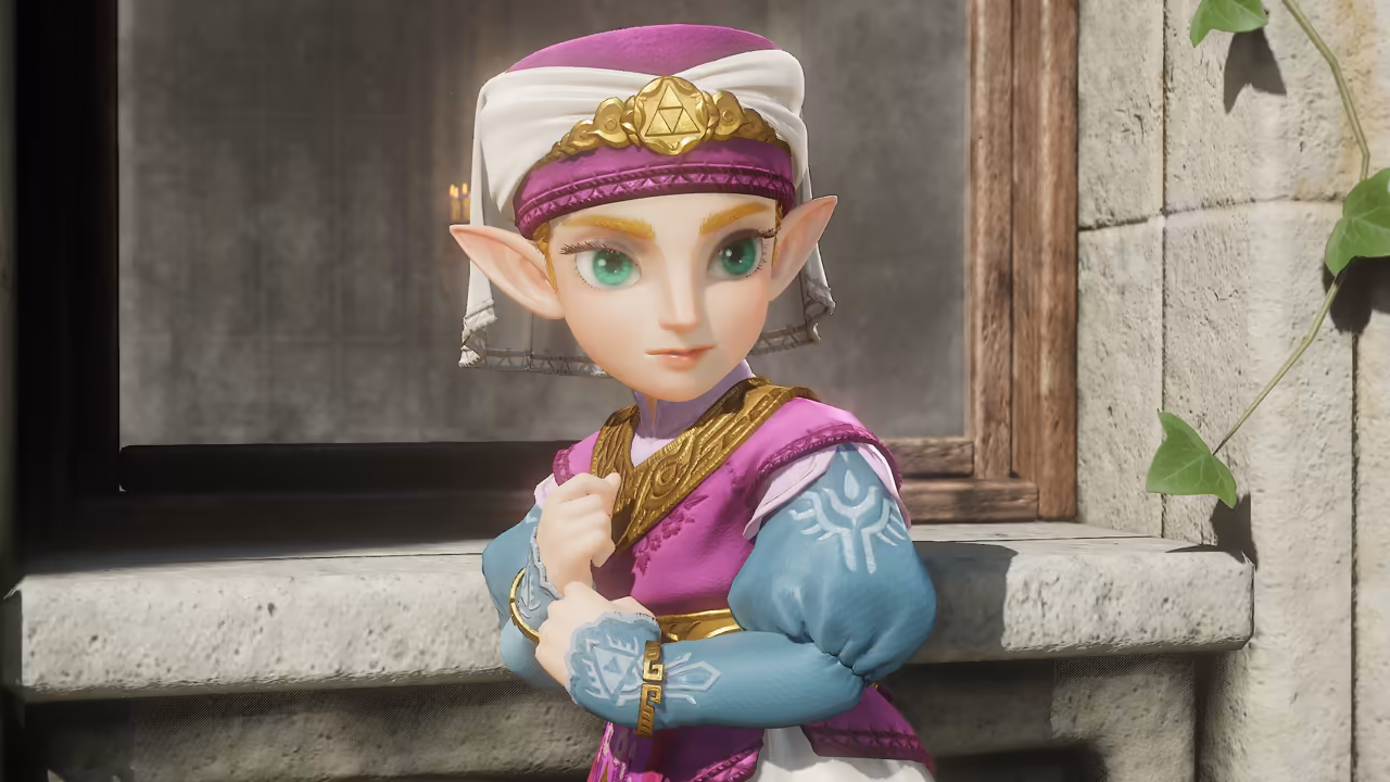 A girl with green eyes and pointed ears wears a white hood under a magenta cap with a gold band marked with the Triforce, and a pink and purple dress over pale blue sleeves with white bird emblems. She holds her hands together at her chest beside a stone window frame with green vines.