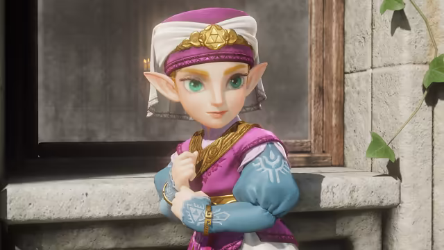 A girl with green eyes and pointed ears wears a white hood under a magenta cap with a gold band marked with the Triforce, and a pink and purple dress over pale blue sleeves with white bird emblems. She holds her hands together at her chest beside a stone window frame with green vines.
