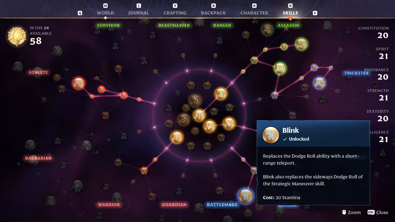 Game menu with tabs World, Journal, Crafting, Backpack, Character and Skills across the top. A dark purple field holds hundreds of round skill nodes joined by lines, with lit paths branching from a central circle toward labels including Survivor, Beastmaster, Ranger, Assassin, Trickster, Athlete, Barbarian, Warrior, Guardian and Battlemage. Top left reads In use 58, Available 58. At right are attributes Constitution 20, Spirit 21, Endurance 20, Strength 21 and Dexterity 20. A tooltip reads Blink, Unlocked: replaces the Dodge Roll ability with a short-range teleport, cost 20 Stamina.