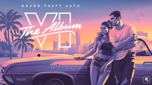 Illustration in purple, pink and orange sunset tones: a woman in a black tank top and denim shorts leans back against a man in a pink T-shirt with a pistol tucked in his waistband, both resting on a long old sedan marked with bullet holes, beneath palm trees and a city skyline with birds overhead. White neon lettering at left spells out the album's title, with the Rockstar Games logo in the corner.