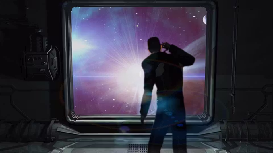 Rendered silhouette of a man with a hand raised to his head before a large square window full of stars, a glowing light and purple clouds of gas.