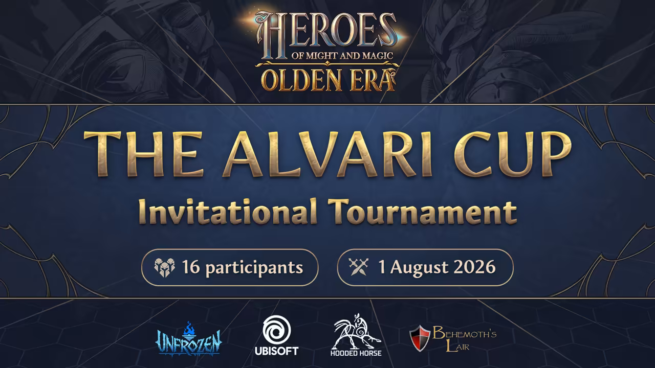 A dark navy banner with the game logo at the top. Large gold letters read The Alvari Cup, with Invitational Tournament beneath, and two rounded boxes read 16 participants and the start date, Aug 1, 2026. A row of four logos runs along the bottom.