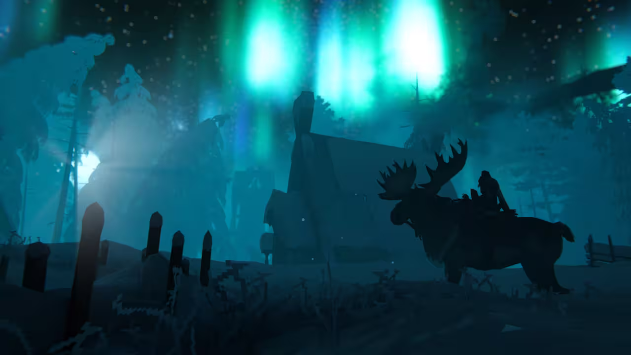 A Viking riding a moose through a dark, snow-covered village under green northern lights.