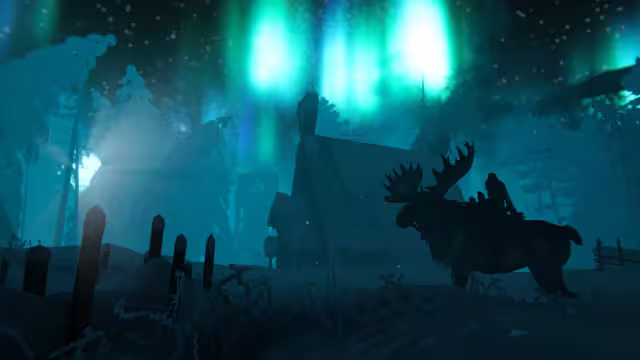 A Viking riding a moose through a dark, snow-covered village under green northern lights.