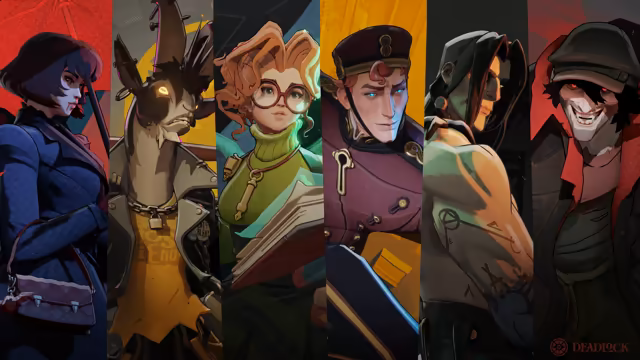 Six tall painted portraits side by side: a woman with a bob haircut, a long-faced bunny-eared figure, a red-haired young woman in round glasses, a man in a bellhop's cap, a hooded man and a grinning man in a black cap.