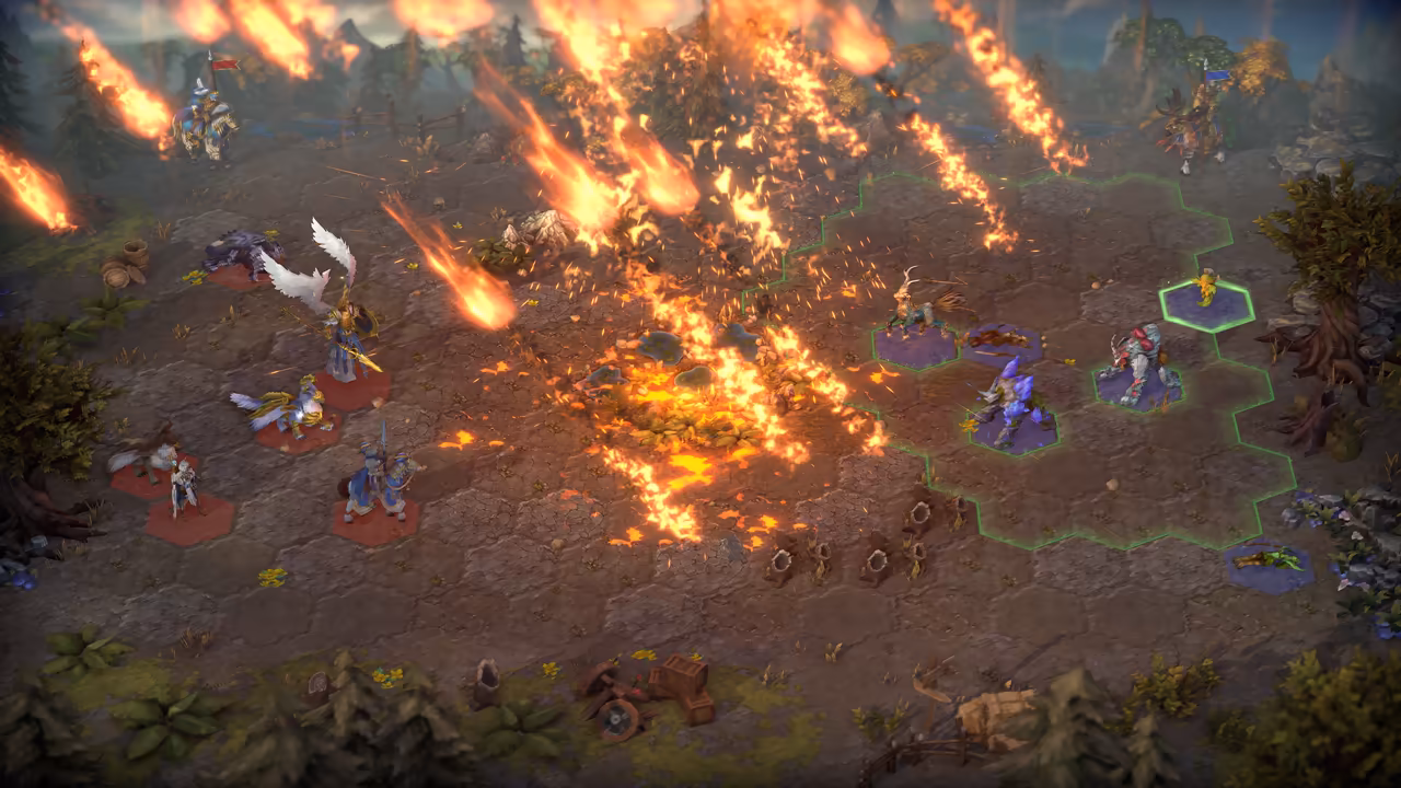 A battlefield of cracked brown earth seen from above. Streaks of fire fall diagonally from the top of the image and burst into orange flames and embers across the center. Winged and mounted warriors stand on red hexes at the left, and creatures inside a green-outlined area wait on purple hexes at the right.