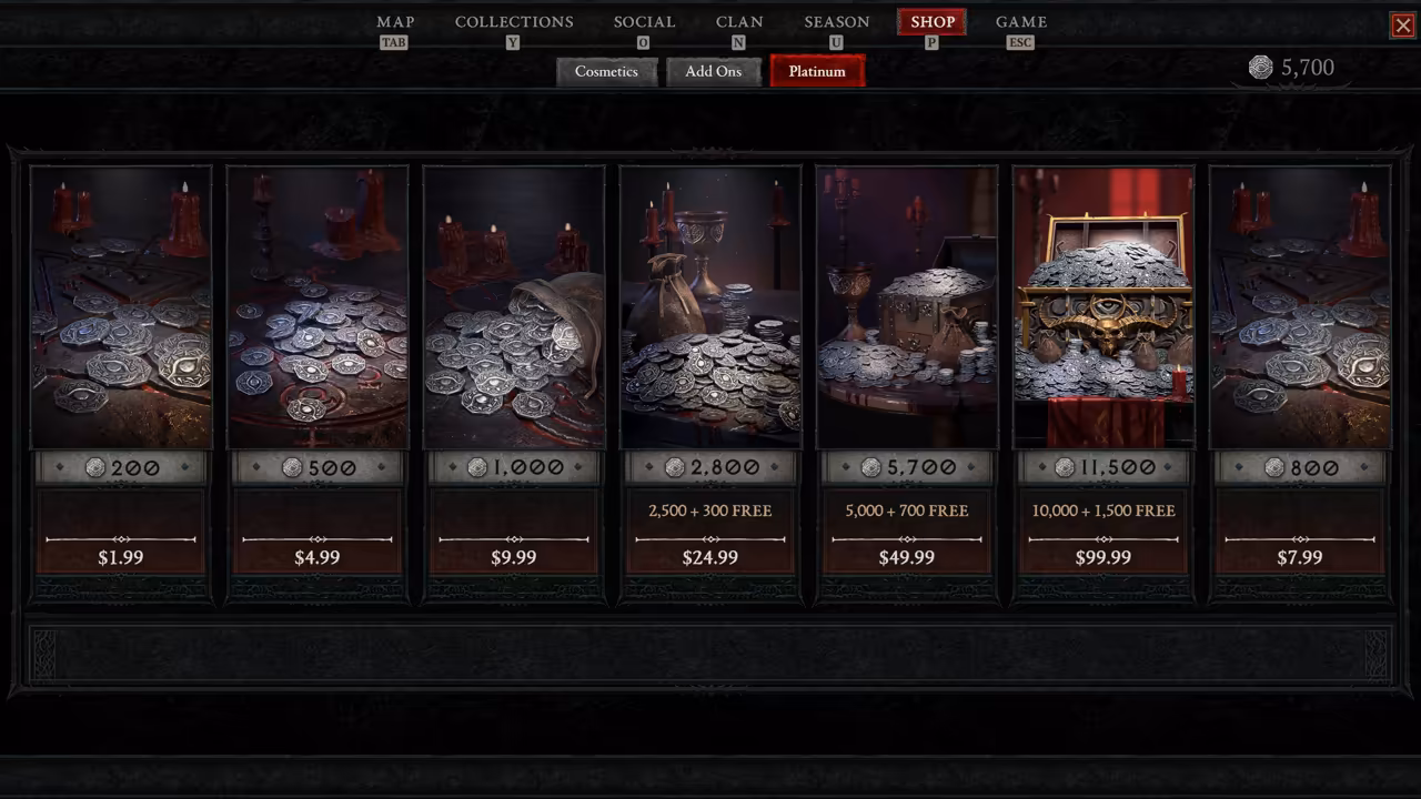 A game menu with tabs Map, Collections, Social, Clan, Season, Shop and Game across the top and Cosmetics, Add Ons and Platinum below. Seven cards show piles of silver coins with amounts and US dollar prices; a balance of 5,700 shows at top right.