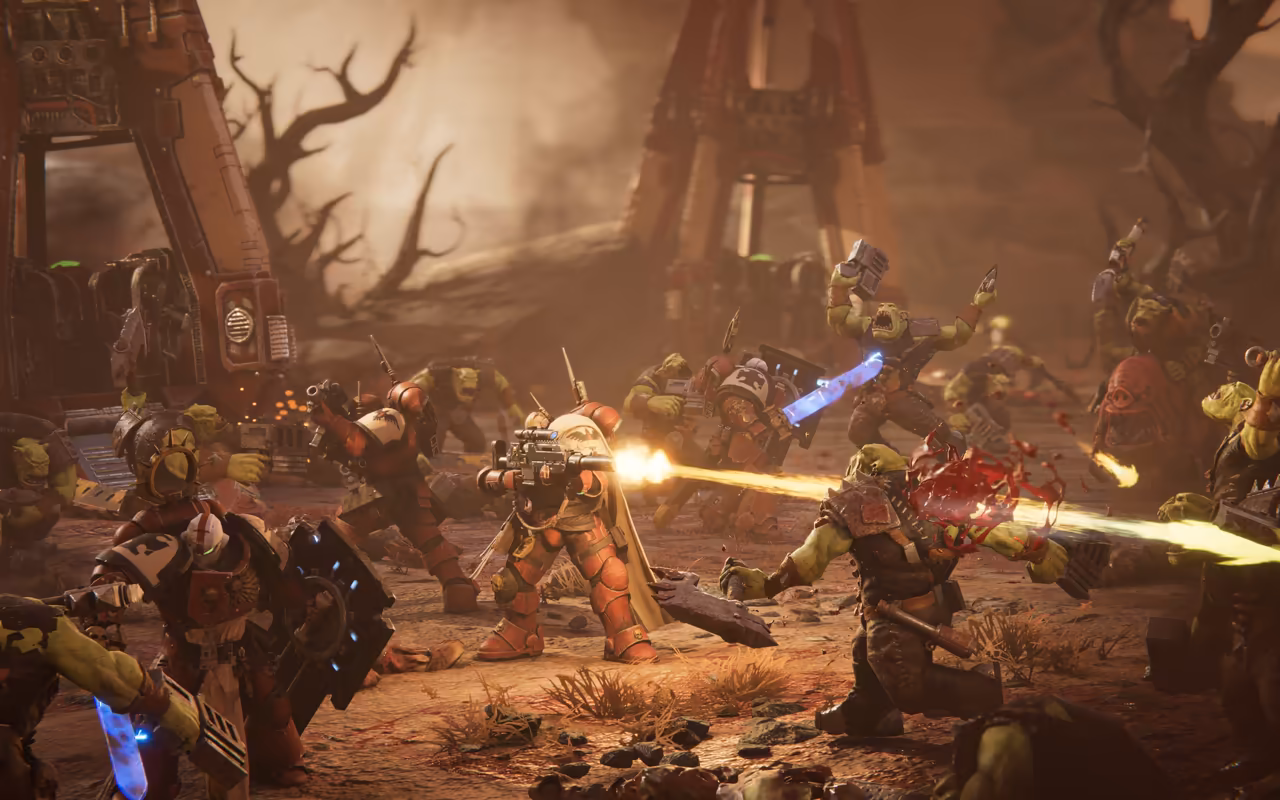A red, dusty battlefield; green Orks and one gold-trimmed armored figure in a melee, with yellow bolts of fire and twisted metal towers behind.