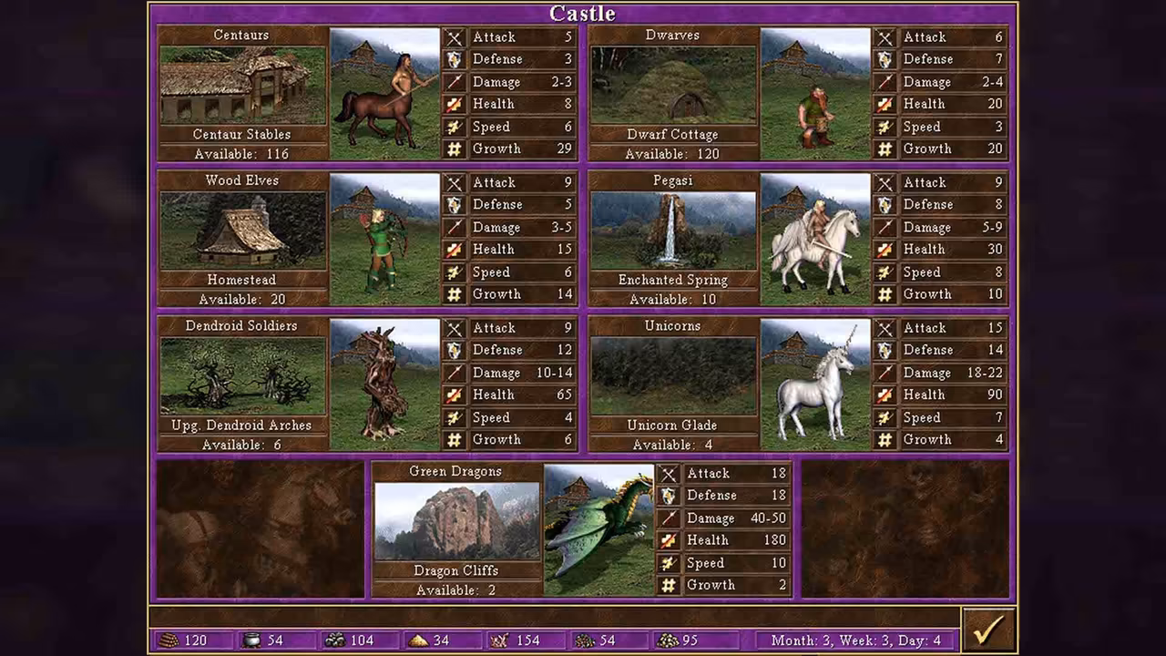 A purple panel titled Castle lists seven creatures with dwellings and stats: Centaurs, Dwarves, Wood Elves, Pegasi, Dendroid Soldiers, Unicorns and, at the bottom, Green Dragons, each with attack, defense, damage, health, speed and growth.
