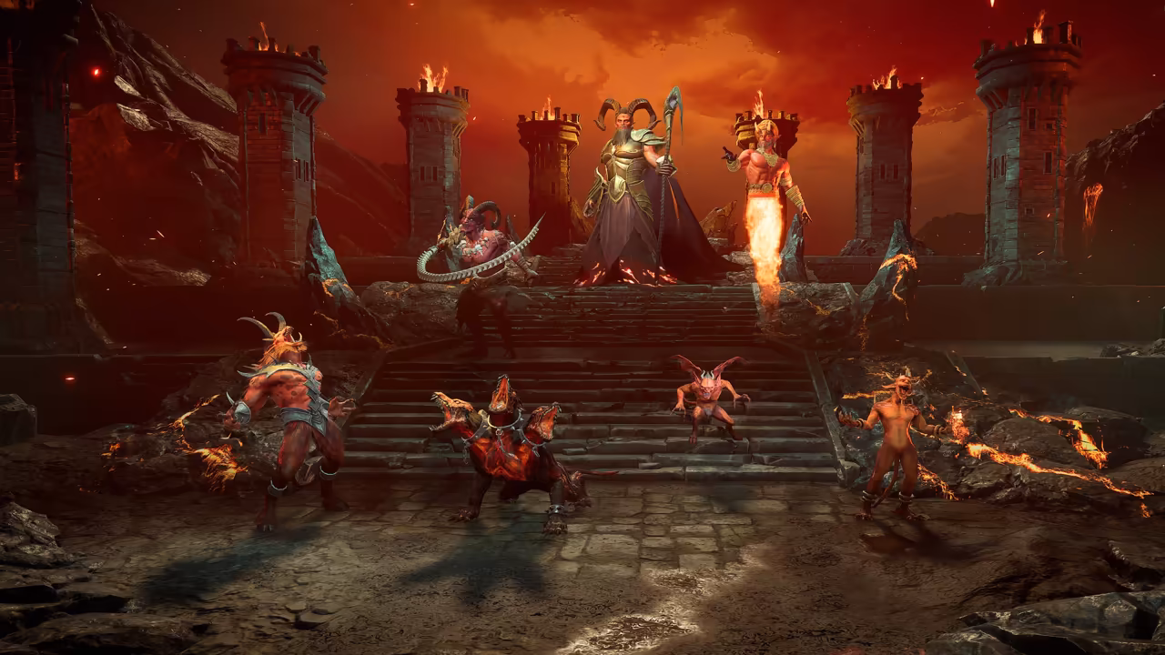 A 3D scene of a dark fortress with burning towers under a red sky. On the stone steps stand a tall horned figure in gold armor with a staff, a figure wreathed in fire, a red demon with a curved blade, and smaller red horned demons and imps.