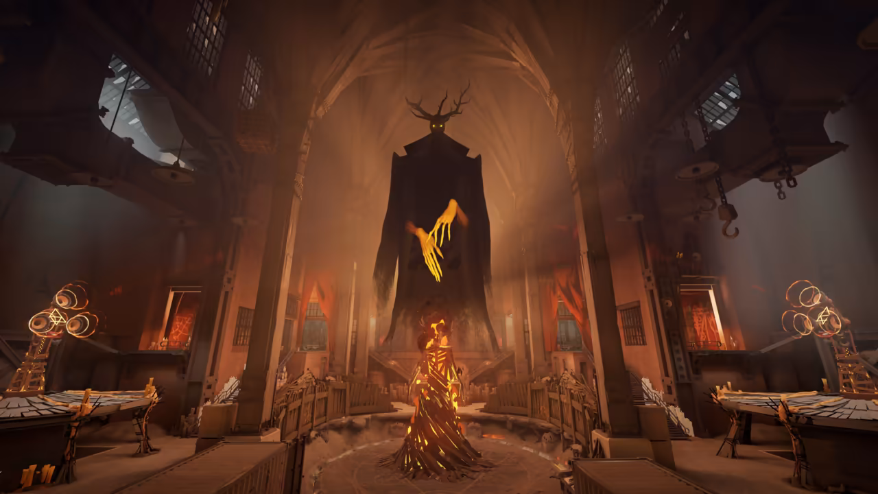 Inside a dark Gothic hall with tall arches, a huge black-robed shape with antlers and yellow eyes holds out glowing golden hands over a fiery, twisted statue on a circular dais; ornate golden rings glow on pedestals left and right.