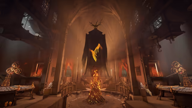 Inside a dark Gothic hall with tall arches, a huge black-robed shape with antlers and yellow eyes holds out glowing golden hands over a fiery, twisted statue on a circular dais; ornate golden rings glow on pedestals left and right.