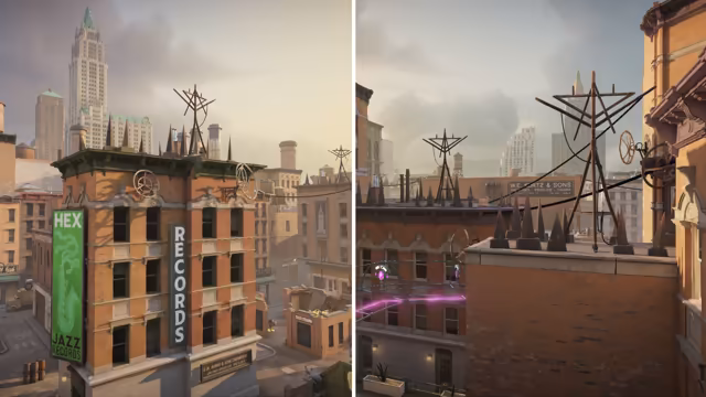Two views side by side of red brick buildings with fire-escape style ironwork, a vertical green sign reading Hex Jazz Records, a white skyscraper in the distance and tall black spiked metal frames on the roofs.