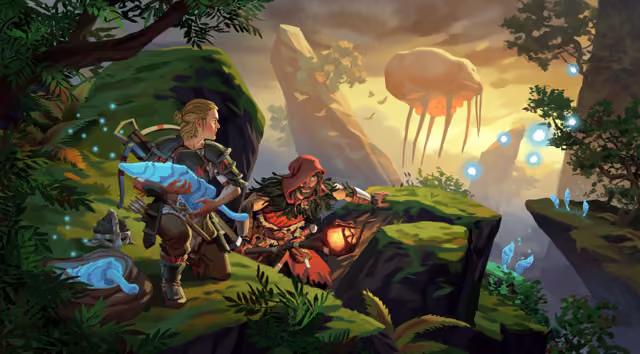 Painted artwork of a woman carrying a glowing blue larva and a red-hooded man with a lantern crouching on a mossy ledge, while a huge blimp-like creature with dangling tentacles and a glowing orange underside floats in the sky behind them