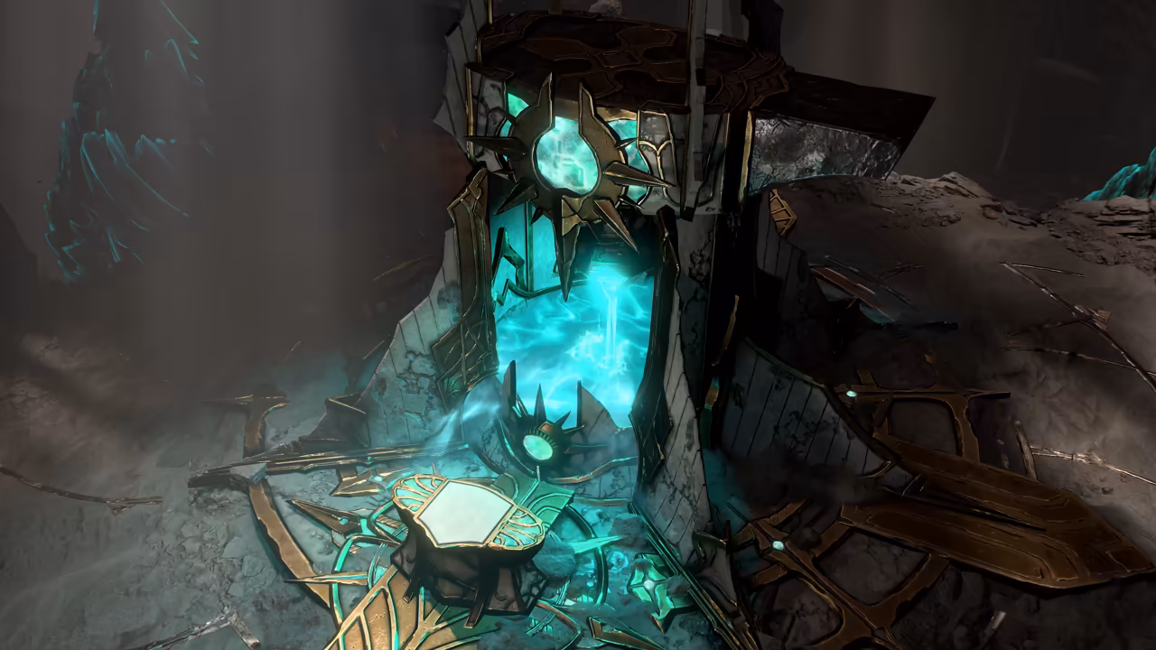 Inside a dim cave stands a sharp-edged shrine of white stone trimmed with gold. Its doorway glows turquoise, crystals glint beside it, and a flat altar sits at its base.