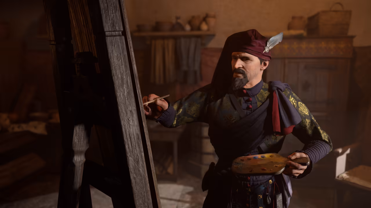 Over-the-shoulder view of a man in a red hood and green striped padded coat facing a man in mail and steel leg armor who points a sword and holds a white and blue checkered shield painted with a brown horse, in a forest.