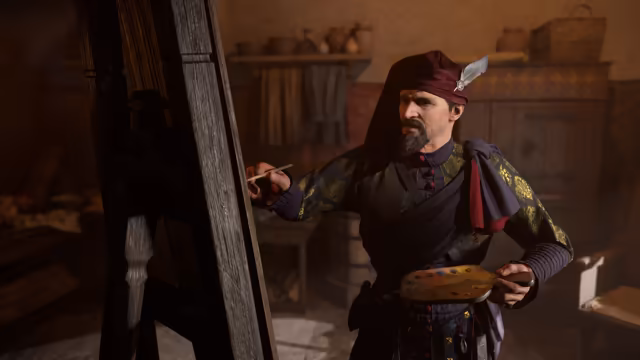 Over-the-shoulder view of a man in a red hood and green striped padded coat facing a man in mail and steel leg armor who points a sword and holds a white and blue checkered shield painted with a brown horse, in a forest.