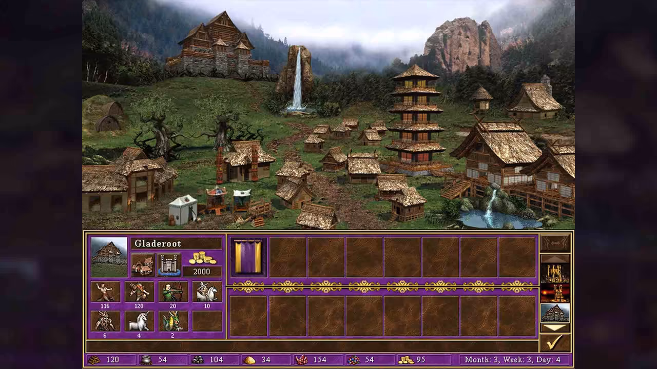 A green valley with tall rocks and a waterfall. Thatched wooden halls and houses, a pagoda-like tower and a pond fill the slope. Below is a purple panel titled Gladeroot with creature portraits and gold 2000.