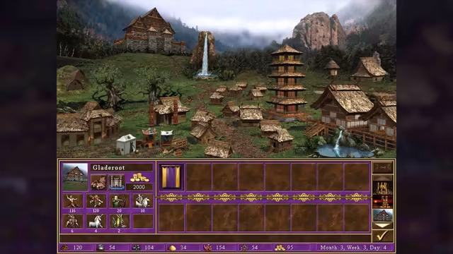 A green valley with tall rocks and a waterfall. Thatched wooden halls and houses, a pagoda-like tower and a pond fill the slope. Below is a purple panel titled Gladeroot with creature portraits and gold 2000.