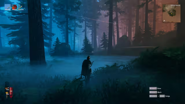 A Viking with a bow stands in a misty pine forest at night, tall trunks and boulders around, the minimap reading Black Forest.