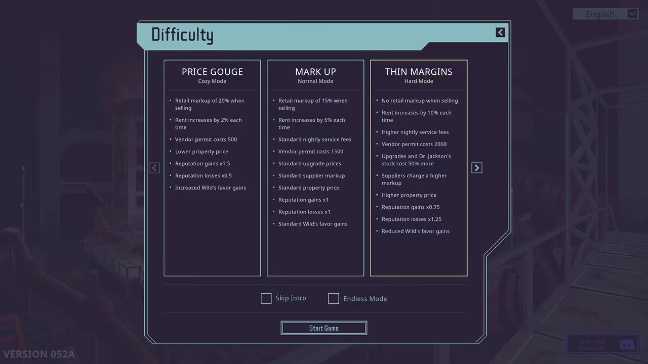 A dark menu with three columns of bullet points and a Start Game button.