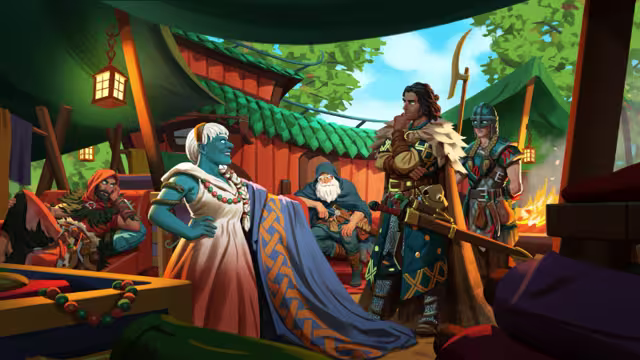 Painted illustration: under green tent awnings hung with lanterns, a smiling blue-skinned Dvergr woman with white hair holds up a blue cloth with gold knotwork to a tall Viking in fur and a helmeted Viking woman, while a bearded Dvergr in a hood sits on a bench behind her