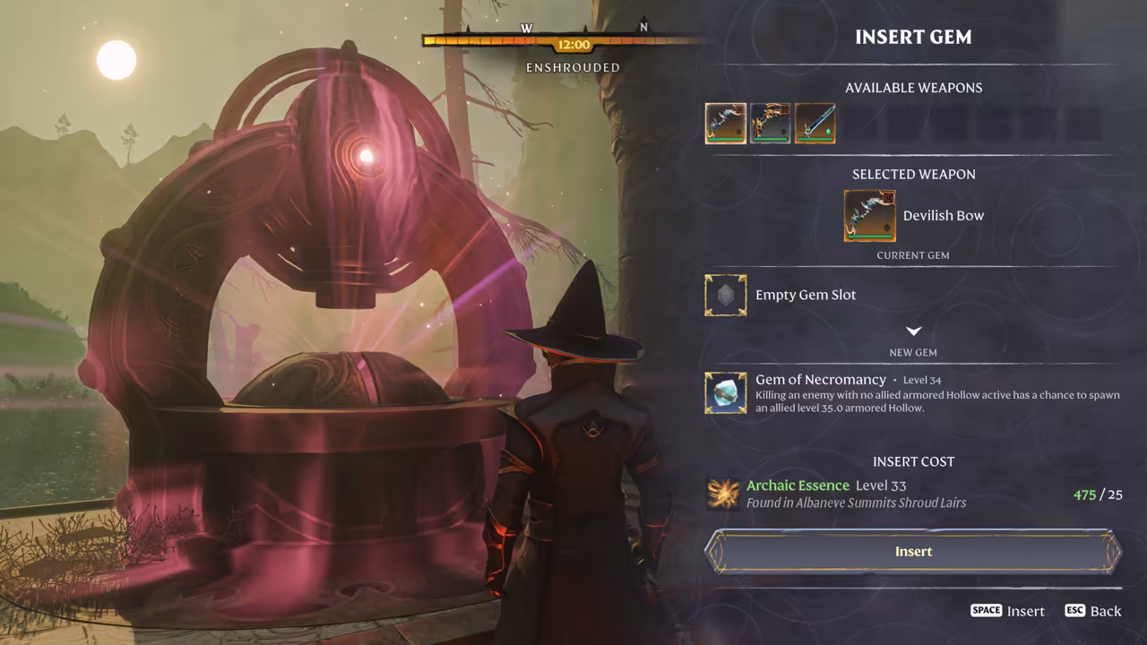 At left a figure in a black wide-brimmed pointed hat and a long dark coat stands before a large round machine of dark metal rings glowing magenta. At right a menu titled Insert Gem lists available weapons, a selected weapon Devilish Bow with an empty gem slot, a new gem Gem of Necromancy, level 34, described as sometimes spawning an allied armored Hollow on a kill, and an insert cost of Archaic Essence, level 33, found in Albaneve Summits Shroud Lairs. A compass bar at the top reads Enshrouded with a 12:00 timer.