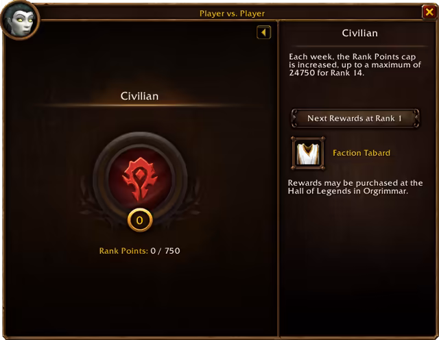 A dark window titled Player vs. Player with a character portrait in the corner. The left half shows the rank Civilian above a red Horde emblem in a round frame with a 0 badge and the line Rank Points: 0 / 750. The right half explains that the weekly Rank Points cap rises up to 24750 for Rank 14, lists Next Rewards at Rank 1 with a white Faction Tabard icon, and notes that rewards may be purchased at the Hall of Legends in Orgrimmar.