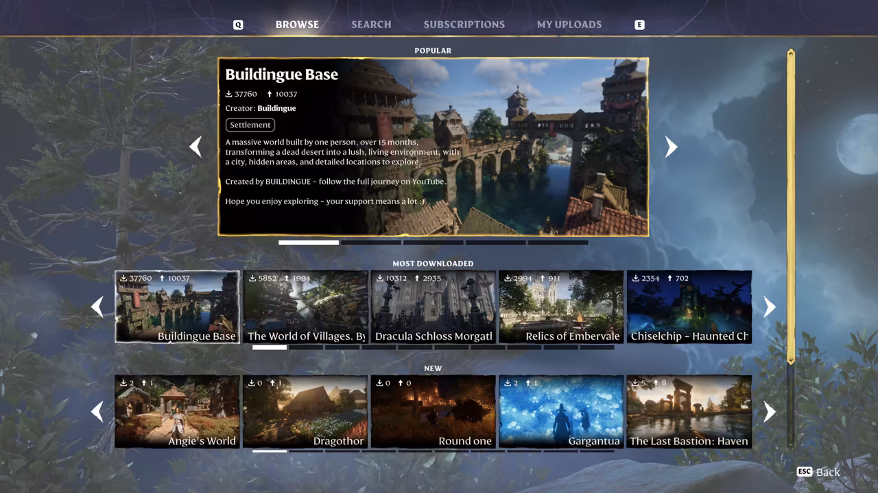 Game menu over a moonlit forest. Tabs at top read Browse, Search, Subscriptions and My Uploads. Under Popular, a large panel shows Buildingue Base, by the creator Buildingue, tagged Settlement, with 37,760 downloads and 10,037 upvotes and a picture of a timbered town with a stone bridge over water. Below are rows labeled Most Downloaded and New, each with five world thumbnails such as The World of Villages, Dracula Schloss Morgatl and Relics of Embervale.