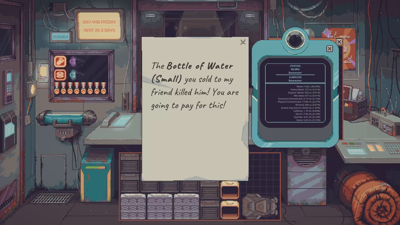 A cream note in handwriting and a teal handheld scanner with a list of readings over the shop interior.