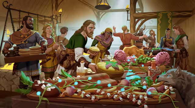 Painted artwork of a crowd of Vikings in a wooden hall gathered at a table piled with sausages, pies, turnips and greens, one carrying a tray of bowls, while a gray wolf sniffs at the food.