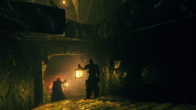 Two figures holding glowing lanterns walk down stone steps into a dark tunnel framed by wooden beams, with firelight in the chamber beyond.