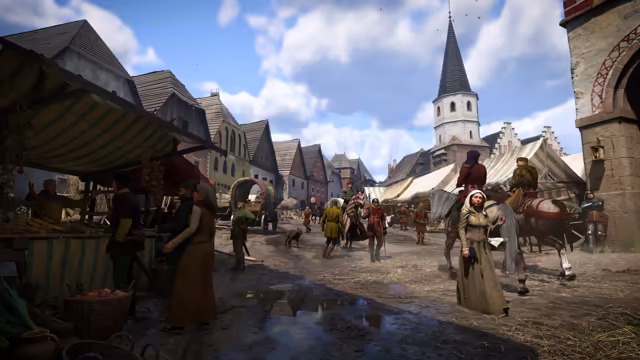 A medieval street of half-timbered and stone houses with steep roofs leads to a church tower; people in colorful clothes walk among stalls of vegetables, riders pass, puddles reflect the sky, and a stone gate with a red-brick arch stands at the right.
