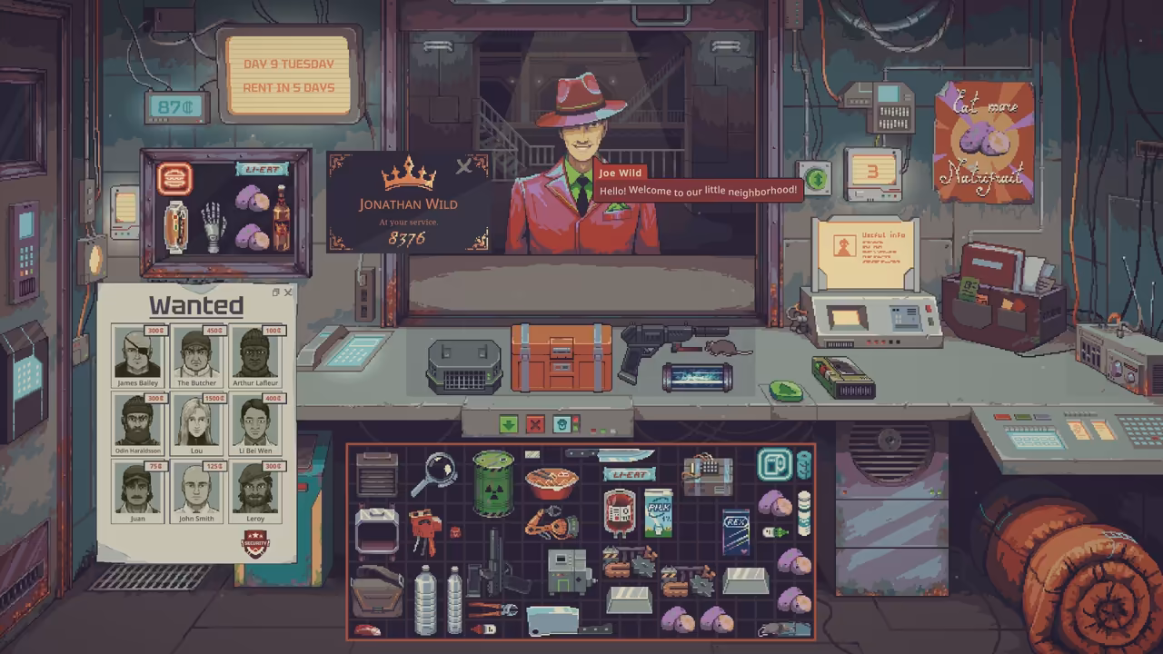 A pixel-art shop interior seen from behind the counter, the wanted poster with nine faces at left and a dense grid of goods below.