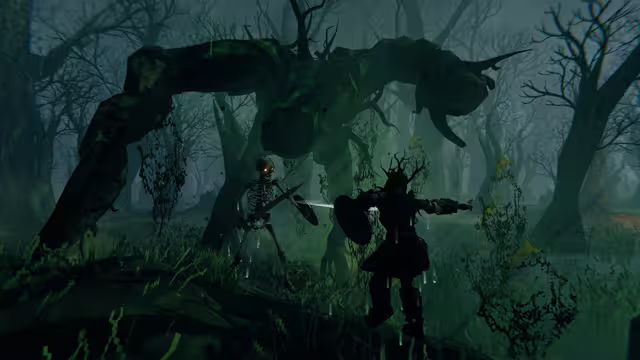 In-game screenshot of a misty green swamp of bare trees: a huge creature shaped like an arching mossy tree trunk on root legs looms over a skeleton with a sword and shield, which a Viking with a round shield and a helmet sprouting branches is attacking.