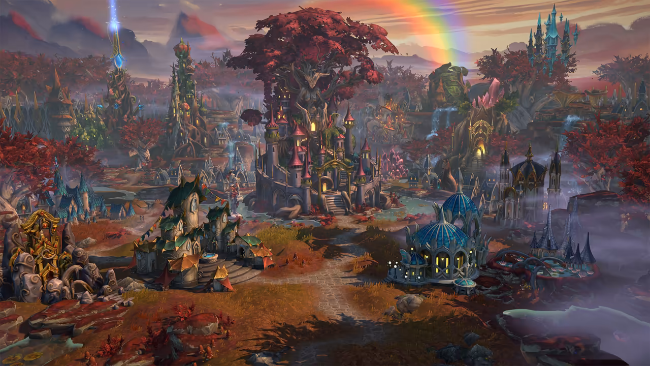 A colorful forest town in warm sunset light. At the center a huge tree with crimson leaves and a carved face shelters a castle with pink spires at its base. A cobbled path leads past green-roofed buildings on the left and glowing blue glass domes on the right, mist drifts low, and a rainbow arcs in the sky.