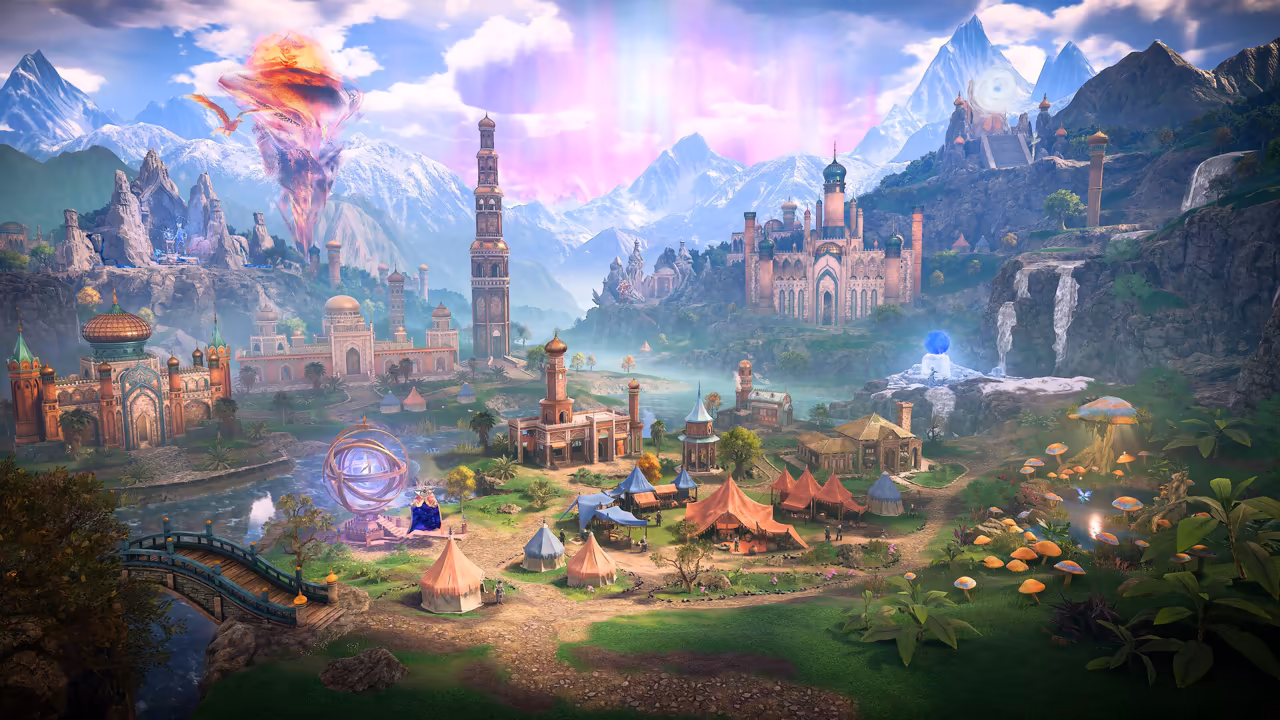 A colorful 3D town in a green valley. Pink and red palaces with domes, a tall striped tower, a glowing purple orrery, orange tents and big orange mushrooms fill the scene, with waterfalls and snowy mountains behind and a fiery swirl in the purple sky.