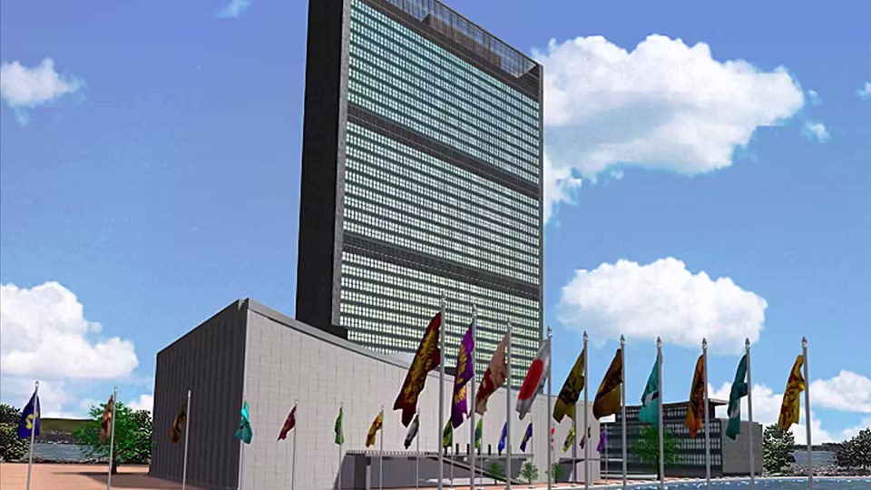 Rendered view of a tall rectangular office tower of glass with a low building in front, a line of colored flags on poles and white clouds.