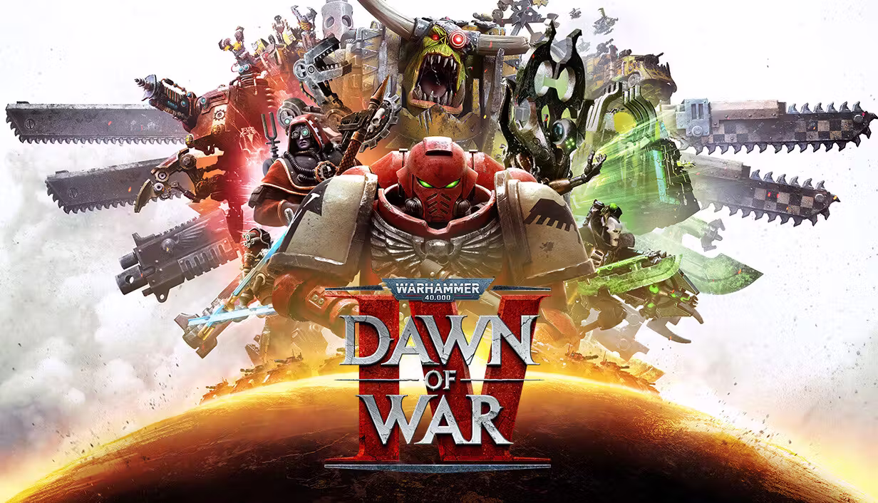 Key art: a helmeted Space Marine in red and bone armor at center, with chainswords, a horned Ork, a hooded red-robed figure and a green-lit Necron behind him, and the Dawn of War IV logo over a glowing planet.