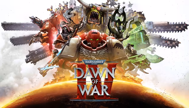 Key art: a helmeted Space Marine in red and bone armor at center, with chainswords, a horned Ork, a hooded red-robed figure and a green-lit Necron behind him, and the Dawn of War IV logo over a glowing planet.