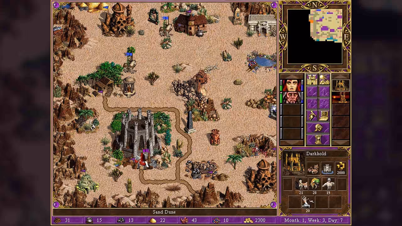 A top-down sandy landscape with rocky outcrops, ruins, small buildings and a gray town in the middle reached by a road. The right side shows a minimap, a hero portrait and a town panel titled Darkhold.