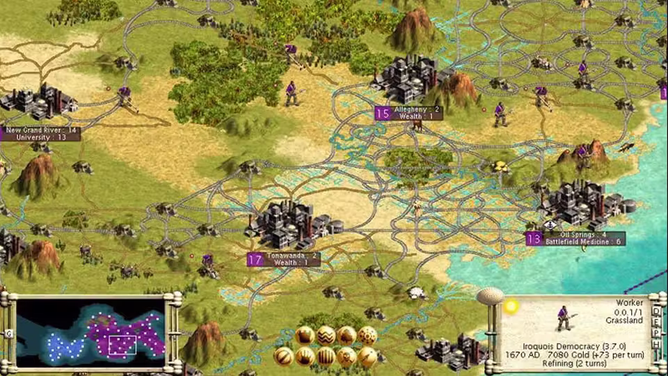 Isometric map of grassland, desert, forest and hills covered in a web of roads and rail lines, with purple-labeled cities and small soldier figures. A minimap at bottom left; at bottom right a panel reads Worker, Grassland, Iroquois Democracy, 1670 AD, 7080 Gold.
