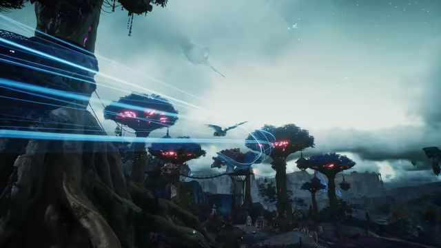 Huge trees with flat, dark blue canopies speckled with glowing pink light rise from a valley, hung with lanterns and joined by rope bridges; a winged figure glides between them as long streaks of blue light sweep past a massive trunk on the left, a settlement of small huts lies below, and a pale creature drifts through the cloudy teal sky.