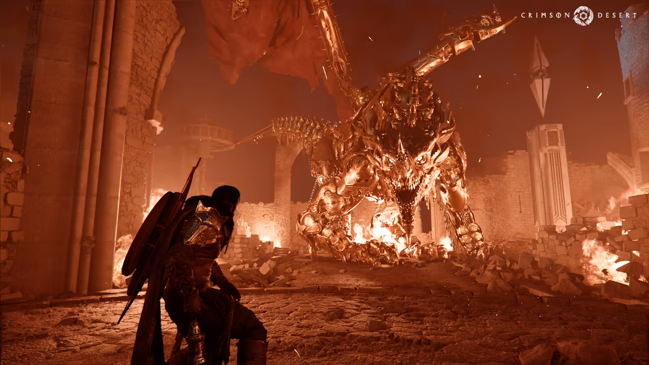 Inside a ruined stone hall washed in red and orange light, a figure in armor with a shield and bow on his back crouches in the left foreground. Facing him, a huge dragon built of gold metal plates and machinery, its wings spread, lowers its toothed head over burning rubble. A tall carved pillar and broken arches stand behind.