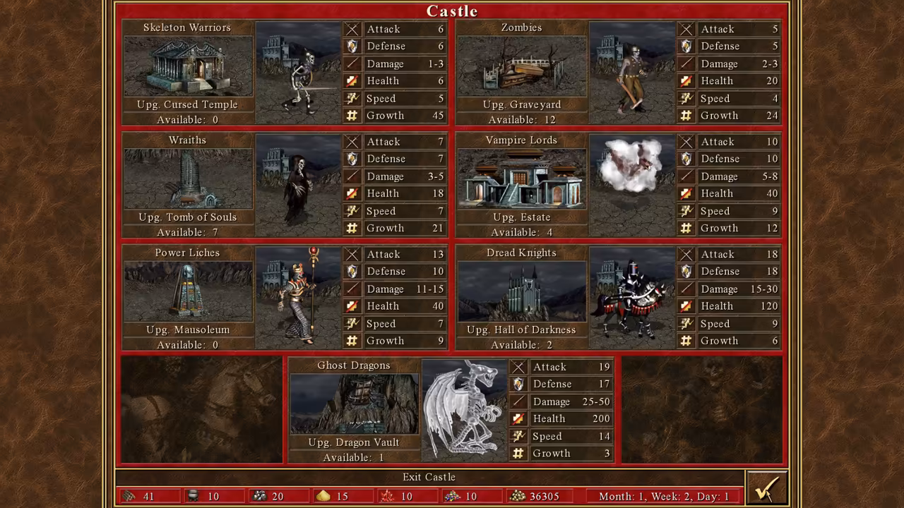 A red panel titled Castle lists seven creatures with their dwellings and stats in two columns: Skeleton Warriors, Zombies, Wraiths, Vampire Lords, Power Liches, Dread Knights and, at the bottom, Ghost Dragons, each with attack, defense, damage, health, speed and growth numbers.