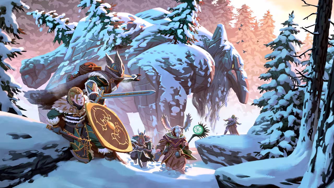 Painted key art of Vikings in fur-trimmed armor crossing deep snow, a woman with a gold-inlaid round shield in front, a warrior in a winged helmet with a sword and a staff-bearer in an antlered skull headdress, a huge snow-covered giant behind them