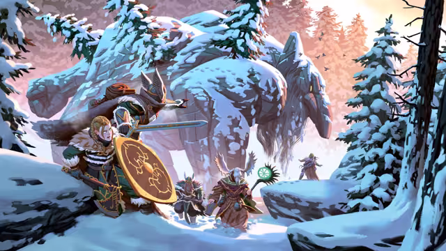 Painted key art of Vikings in fur-trimmed armor crossing deep snow, a woman with a gold-inlaid round shield in front, a warrior in a winged helmet with a sword and a staff-bearer in an antlered skull headdress, a huge snow-covered giant behind them