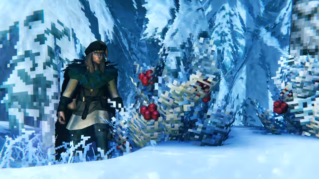 A Viking in a dark cap and fur-collared tunic stands among snow-laden bushes hung with clusters of red berries, with frosted trees behind.