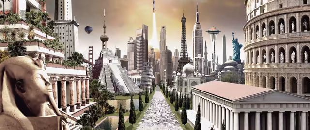 Painted collage of world landmarks from many ages. In the foreground a sphinx, terraced gardens, a domed temple with columns and the Colosseum line a paved road; behind them stand a stepped pyramid, the Eiffel Tower, the Space Needle, the Statue of Liberty, a skyline of towers, a hot-air balloon and a rocket climbing on a trail of smoke.